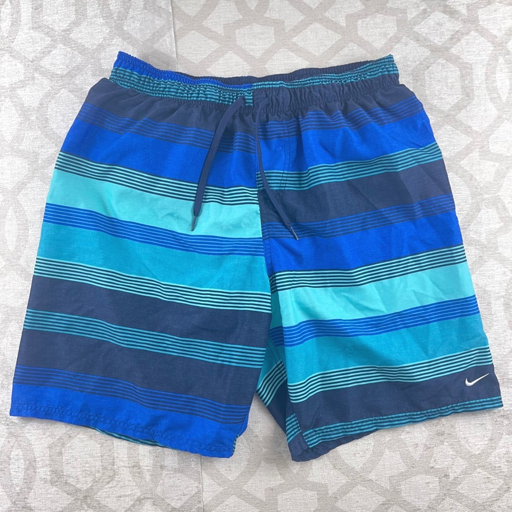 Nike Mens Blue Striped Volley Swim Trunks XL NESSA579 Board Shorts Drawstring